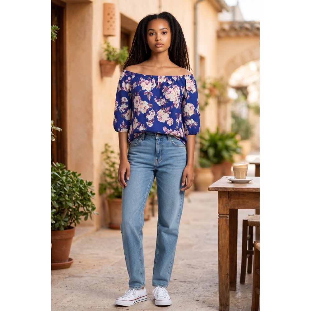 Charlotte Russe Floral Off Shoulder Top Blue Pink Rose Bell Sleeve Pom Trim M